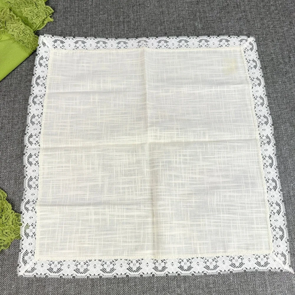 Vintage Lace Trim Cloth Napkin Set 10pc Green Cream White Linen Lot of 8